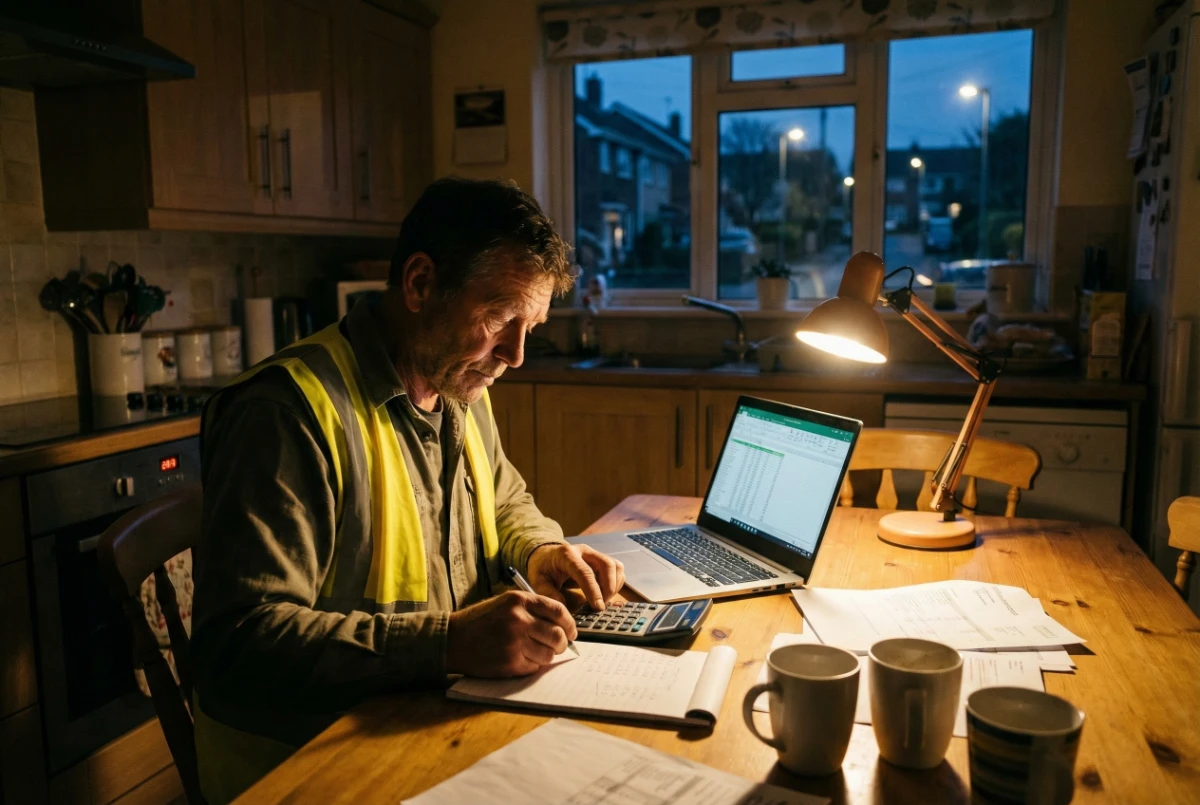 Contractor using a calculator and notepad to finalize a construction bid price