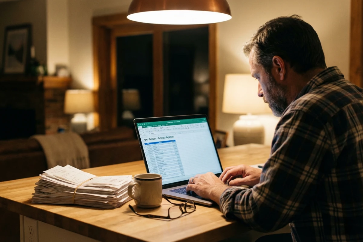 Contractor reviewing business expenses and overhead costs on a laptop