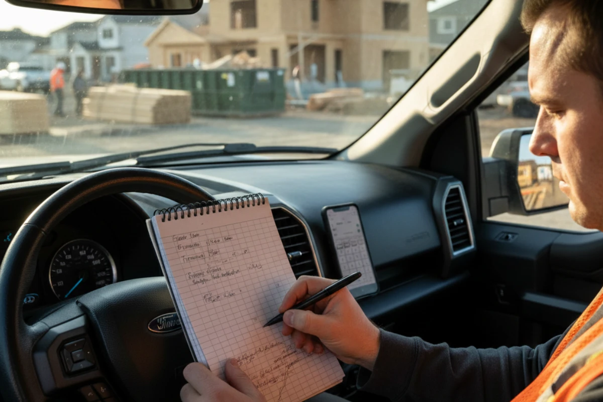 Contractor reviewing labor hours and production rates on a notepad at a job site