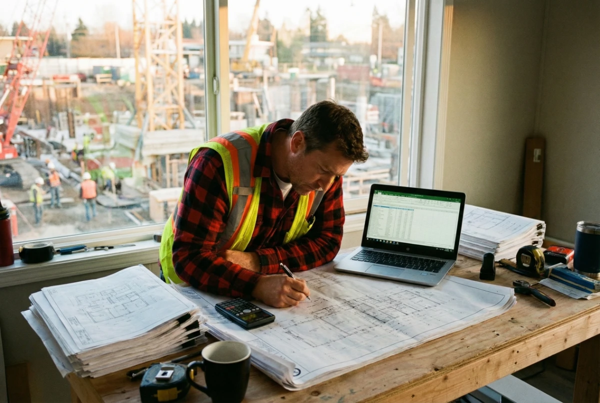 Contractor reviewing construction blueprints and preparing a bid at a desk
