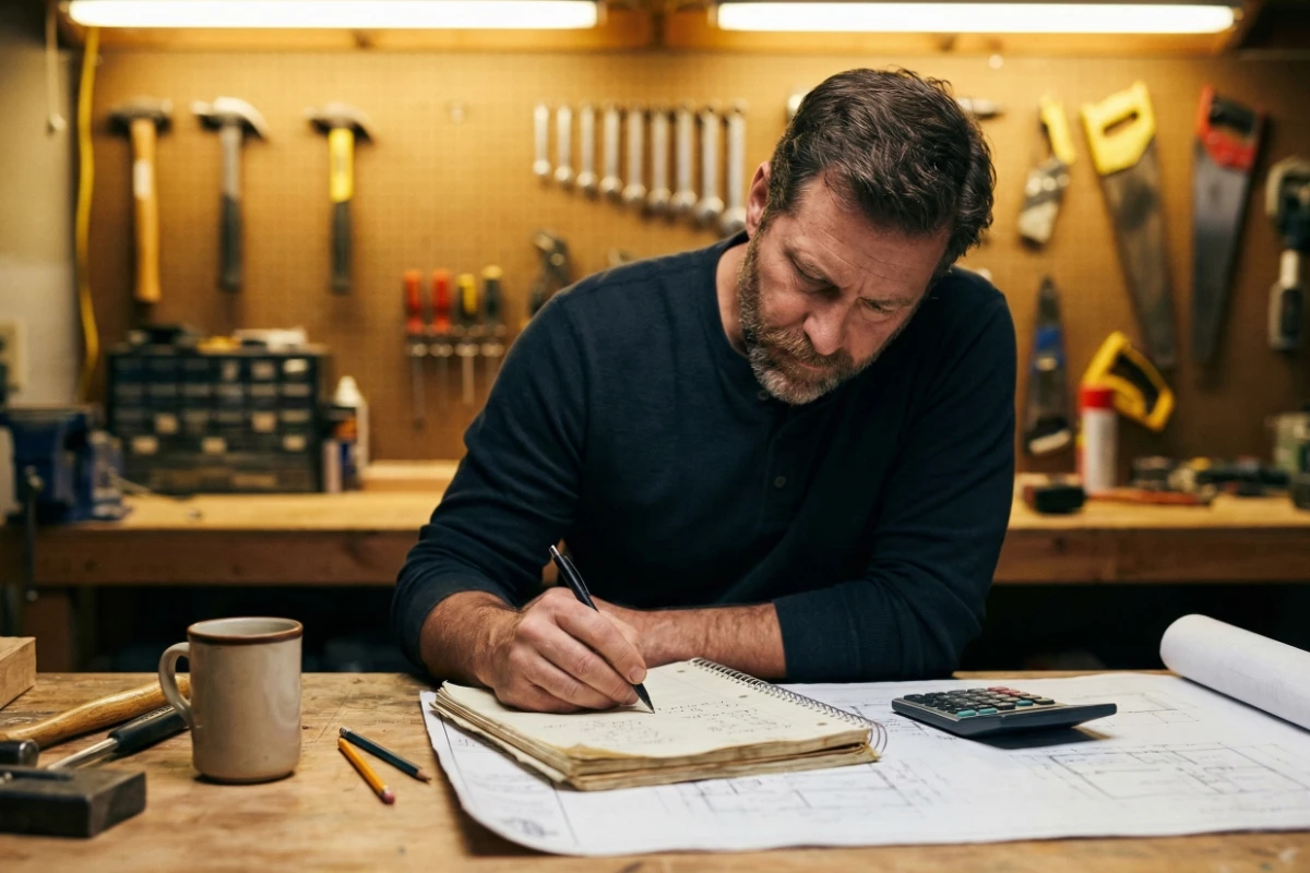 Contractor calculating construction job pricing with blueprints and calculator