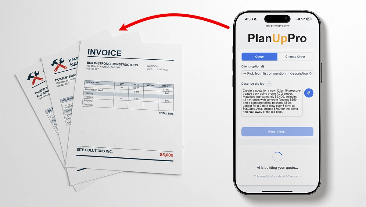 Contractor reviewing a construction invoice on a tablet at a job site