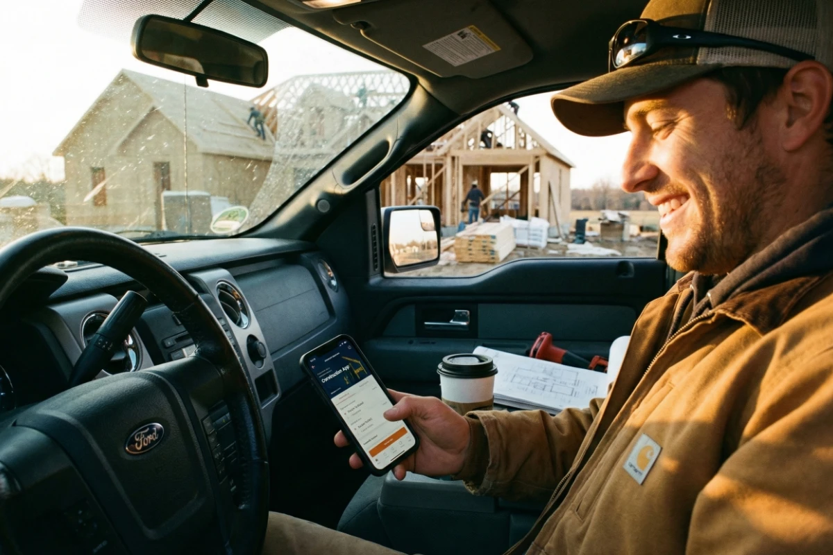 Contractor sending a construction quote from a phone at a job site
