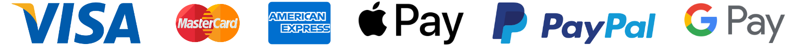 Visa, Mastercard, American Express, Apple Pay, PayPal, Google Pay